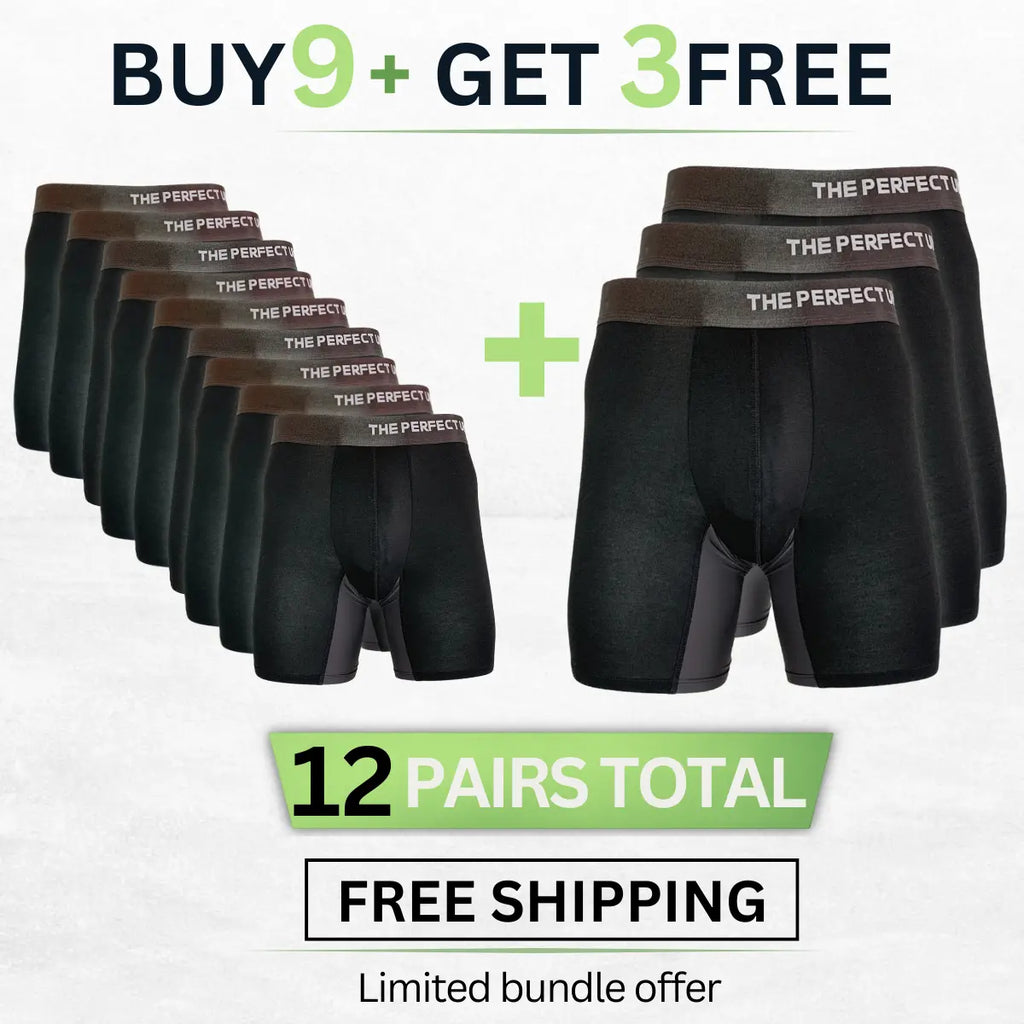 The Perfect Underwear bamboo boxer briefs bundle in black, showing a 12-pack offer with multiple pairs displayed.