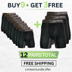 The Perfect Underwear bamboo boxer briefs bundle in black, showing a 12-pack offer with multiple pairs displayed.