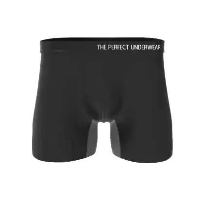 The Perfect Underwear bamboo boxer briefs in black, shown in a rotating animation displaying the full product shape and fit.