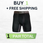 The Perfect Underwear bamboo boxer briefs in black, showing a single pair on a clean background with a buy one free shipping offer.