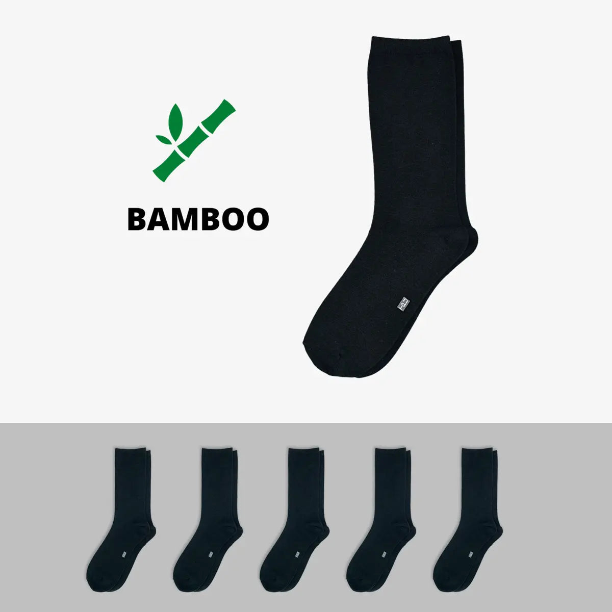 The Perfect Underwear bamboo crew socks in black, showing one single sock above a row of five matching socks with a bamboo graphic.