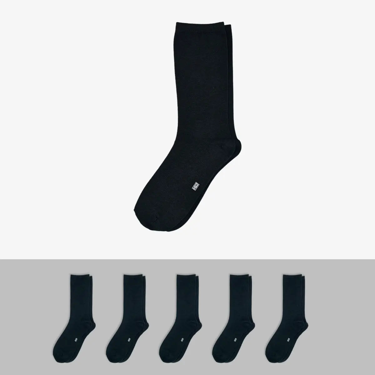 The Perfect Underwear bamboo crew socks in black, showing one single sock above a row of five matching socks.
