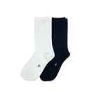 The Perfect Underwear bamboo crew socks in black and white, showing one black sock and one white sock arranged side by side.