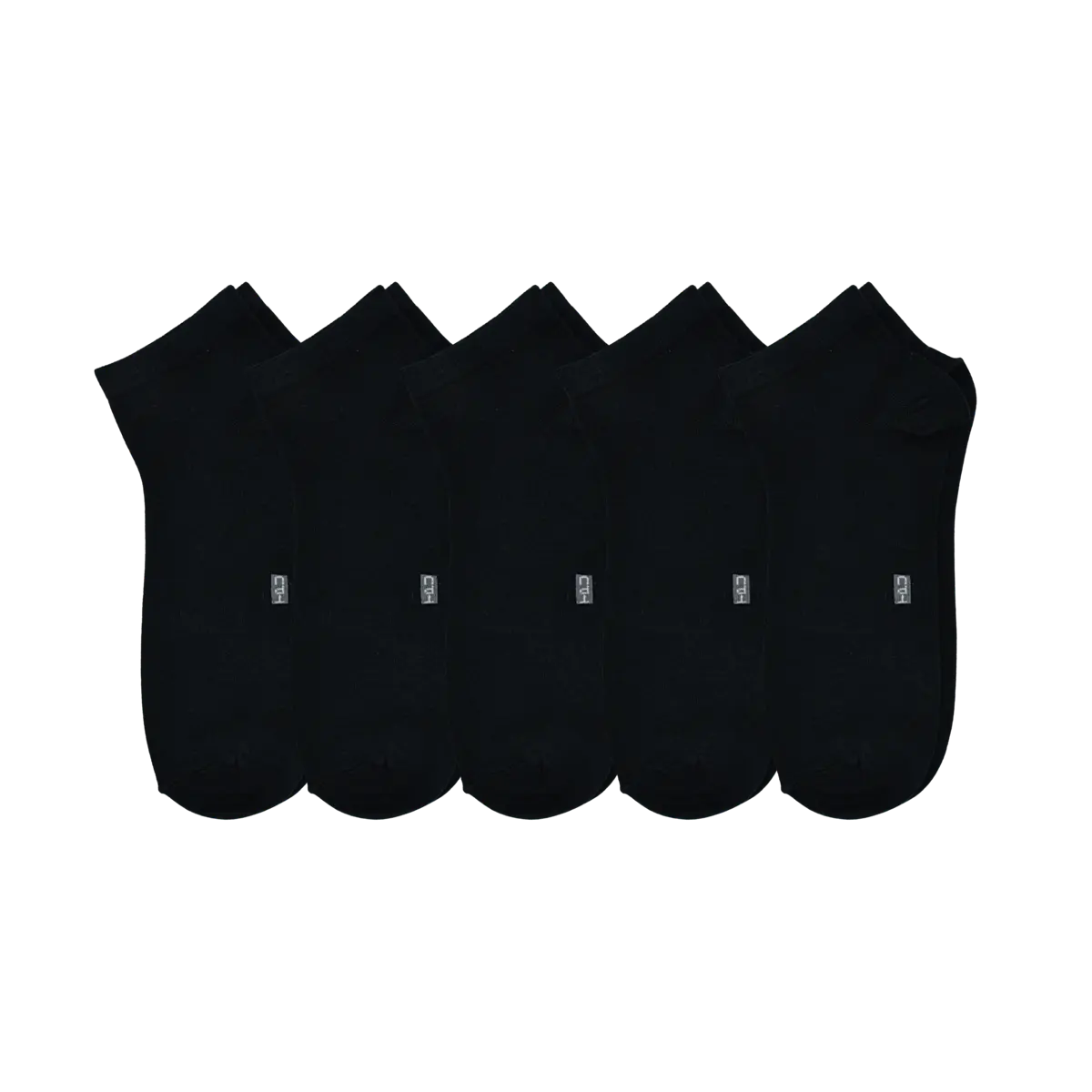 The Perfect Underwear bamboo low cut socks in black, showing five socks arranged side by side