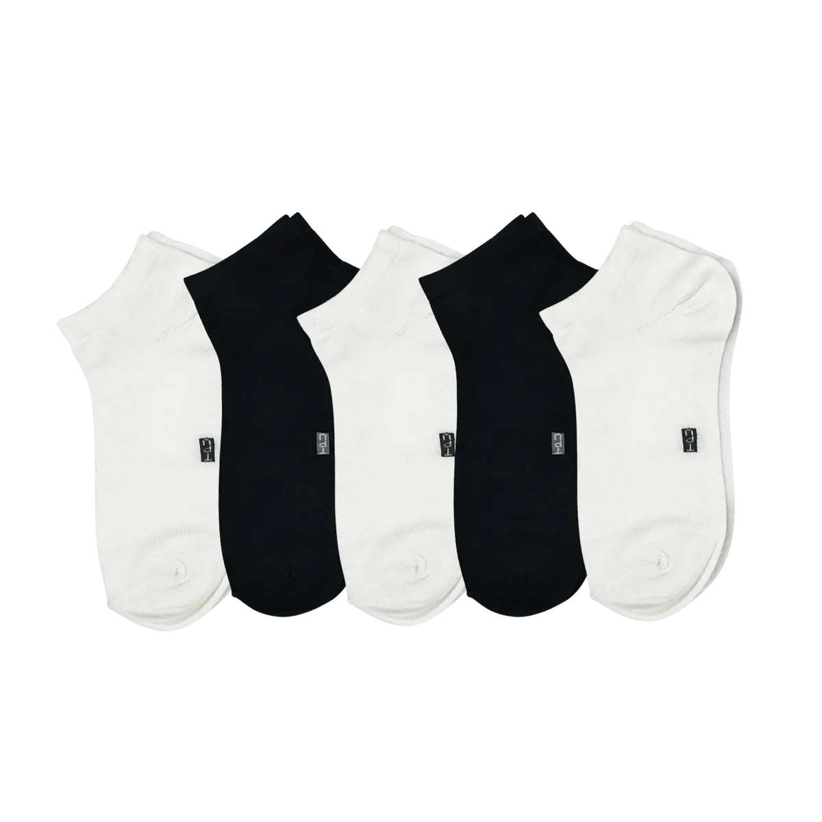 The Perfect Underwear bamboo low cut socks in black and white, showing a mixed five-pack arranged side by side.