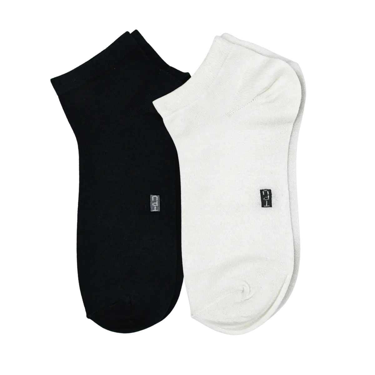 The Perfect Underwear bamboo low cut socks in black and white, showing one black sock and one white sock placed side by side.