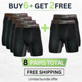 The Perfect Underwear bamboo boxer briefs in black bundle, showing eight pairs with buy 6 get 2 free promotional text.