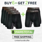The Perfect Underwear bamboo boxer briefs in black bundle, showing eight pairs with buy 6 get 2 free promotional text.