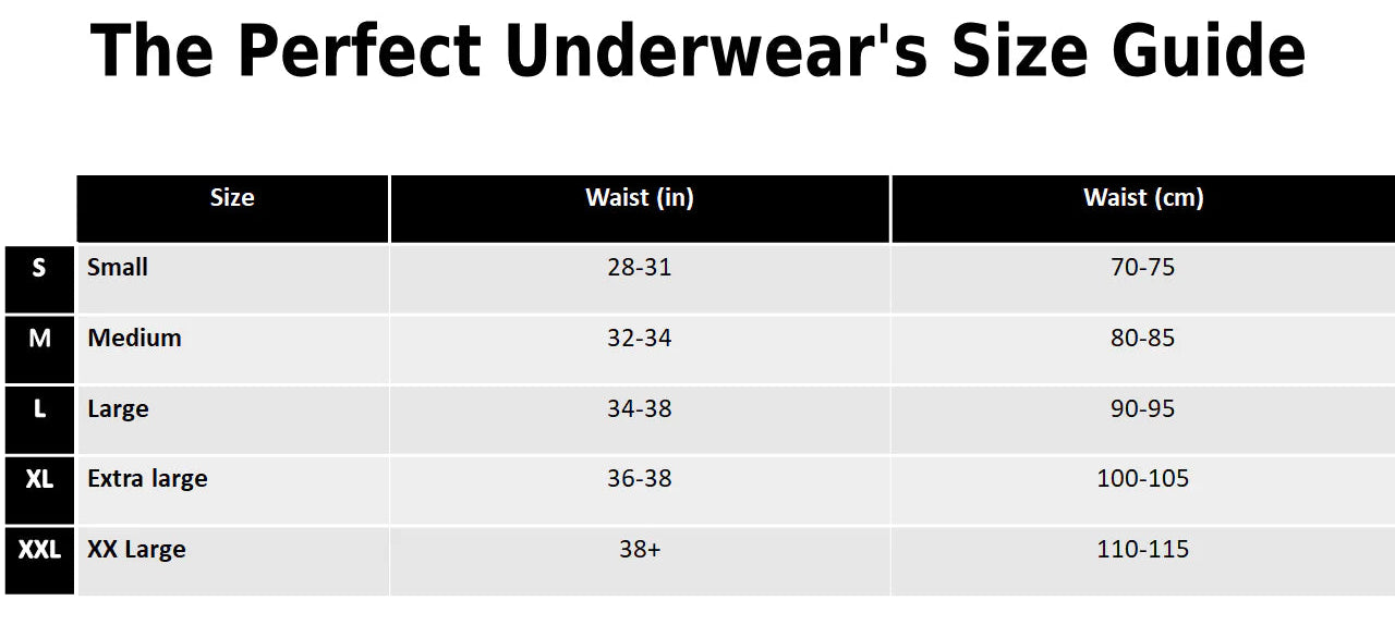 Size guide for underwear with waist measurements in inches and centimeters.